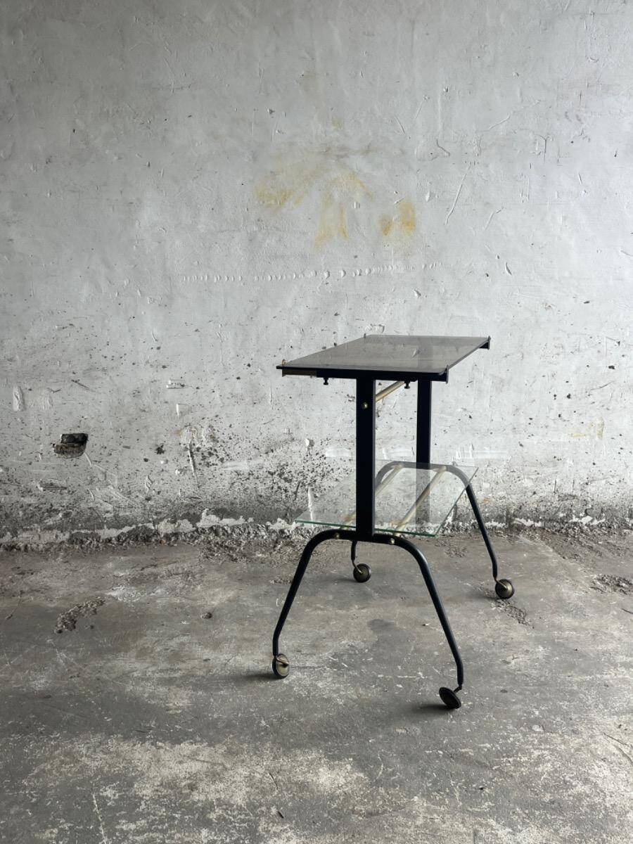 Black brass and glass mid-century trolley with sculptural legs — two-tier vintage bar cart