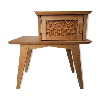 Vintage nightstand wood and rattan