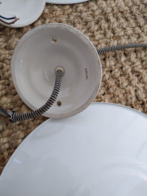 Three vintage pendant lamps, porcelain and aluminum