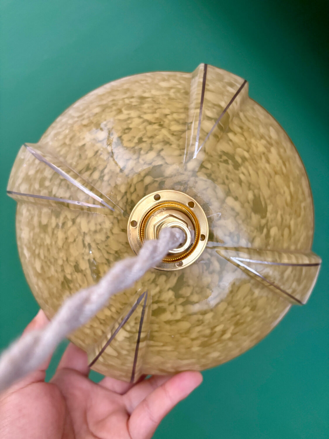 Vintage art deco pendant light with a yellow and white Clichy glass lampshade