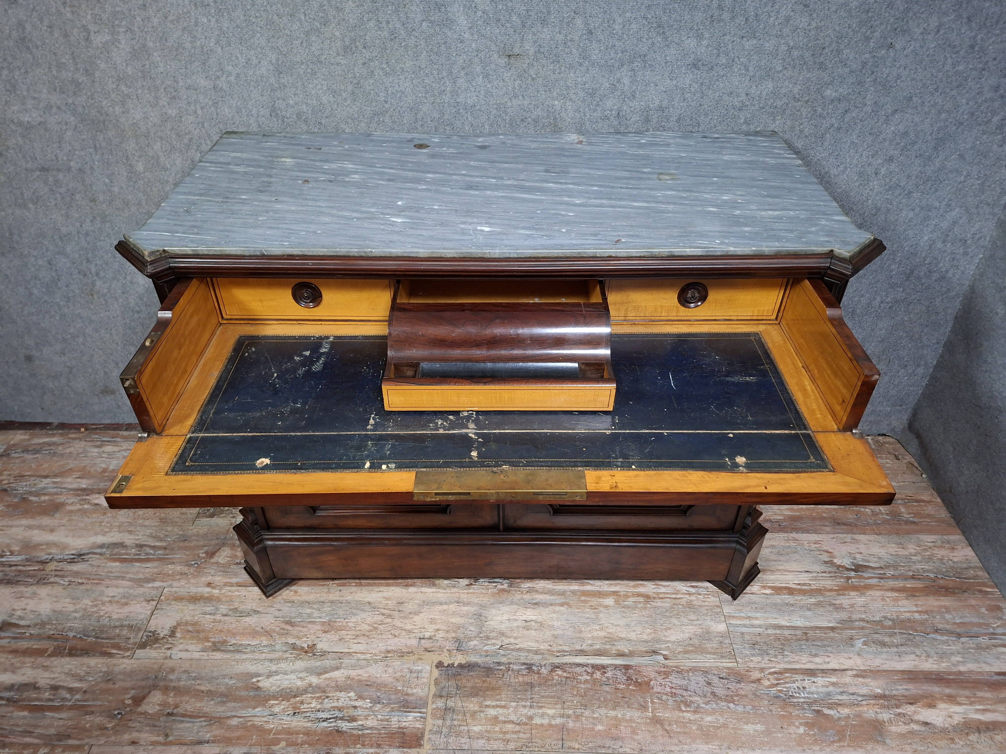 writing desk forming a secretary with a drop-down flap, in mahogany and veneer