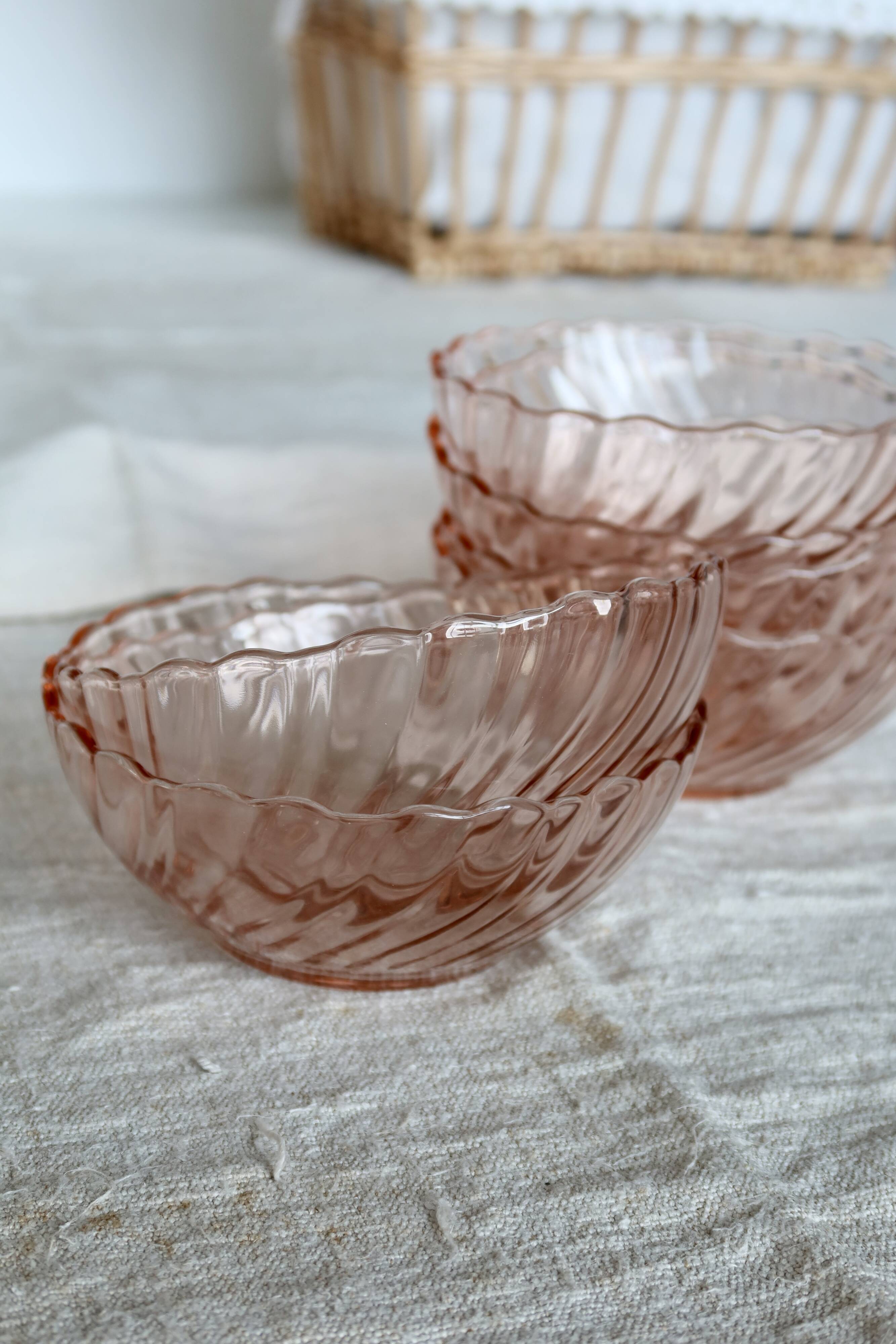 6 vintage Arcoroc Rosaline bowls in pink glass