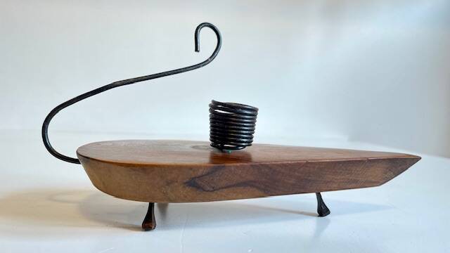 Brutalist olive wood candle holder vintage