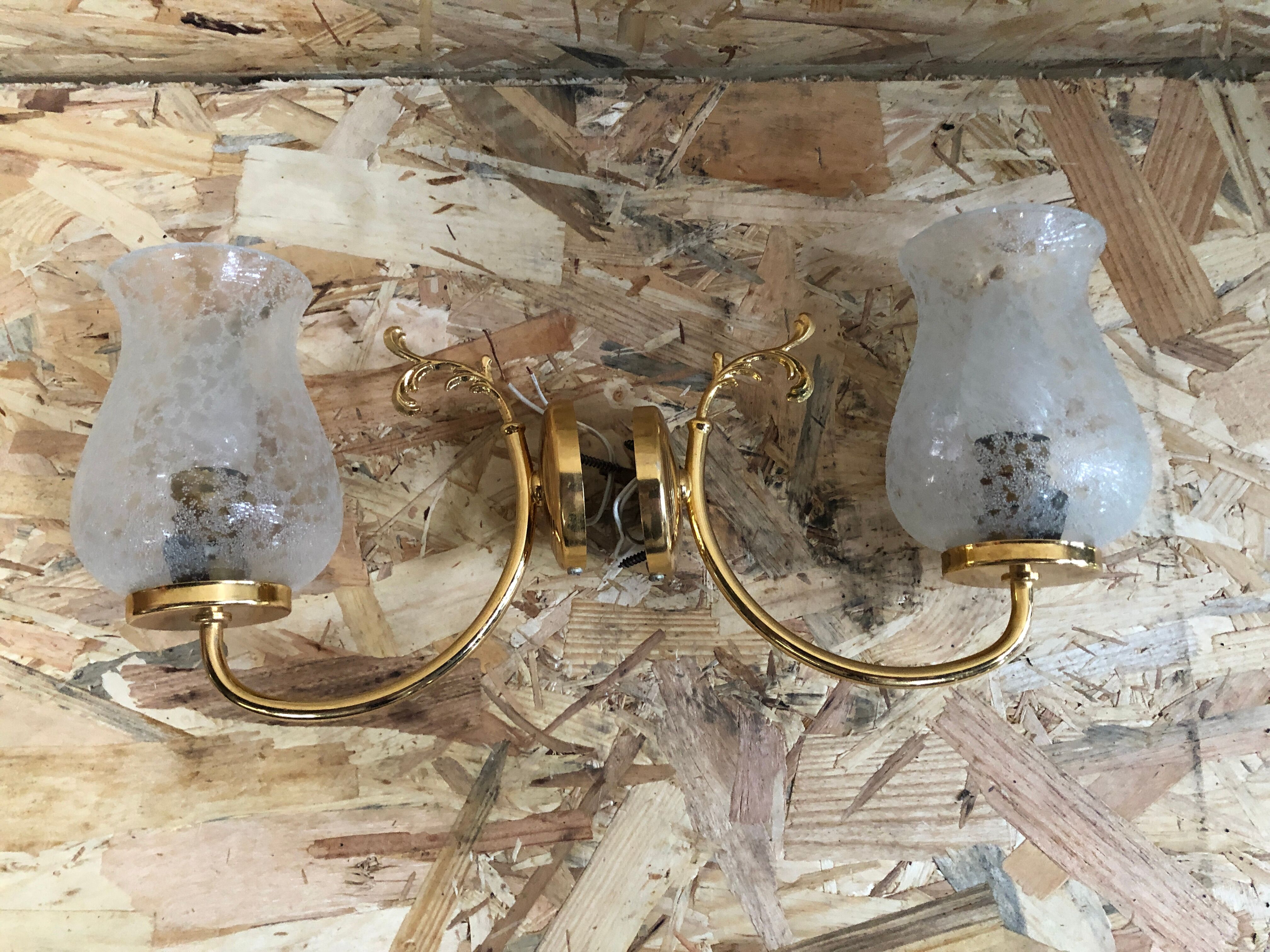 Old Pair Wall Lamp Golden Metal + Reflector Molded Glass 70s Vintage