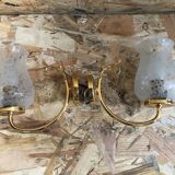 Old Pair Wall Lamp Golden Metal + Reflector Molded Glass 70s Vintage