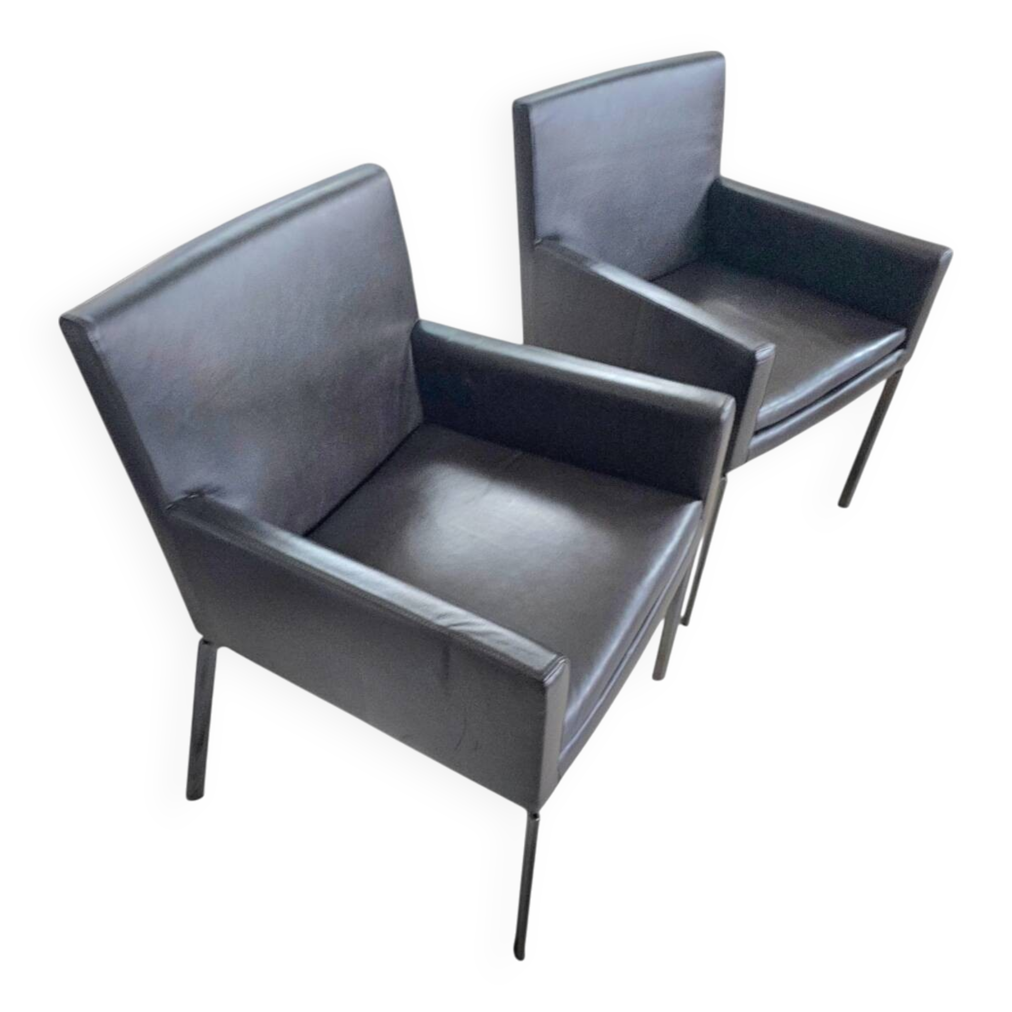 Pair manet minotti arm chairs 2004 / dark brown leather / chrome