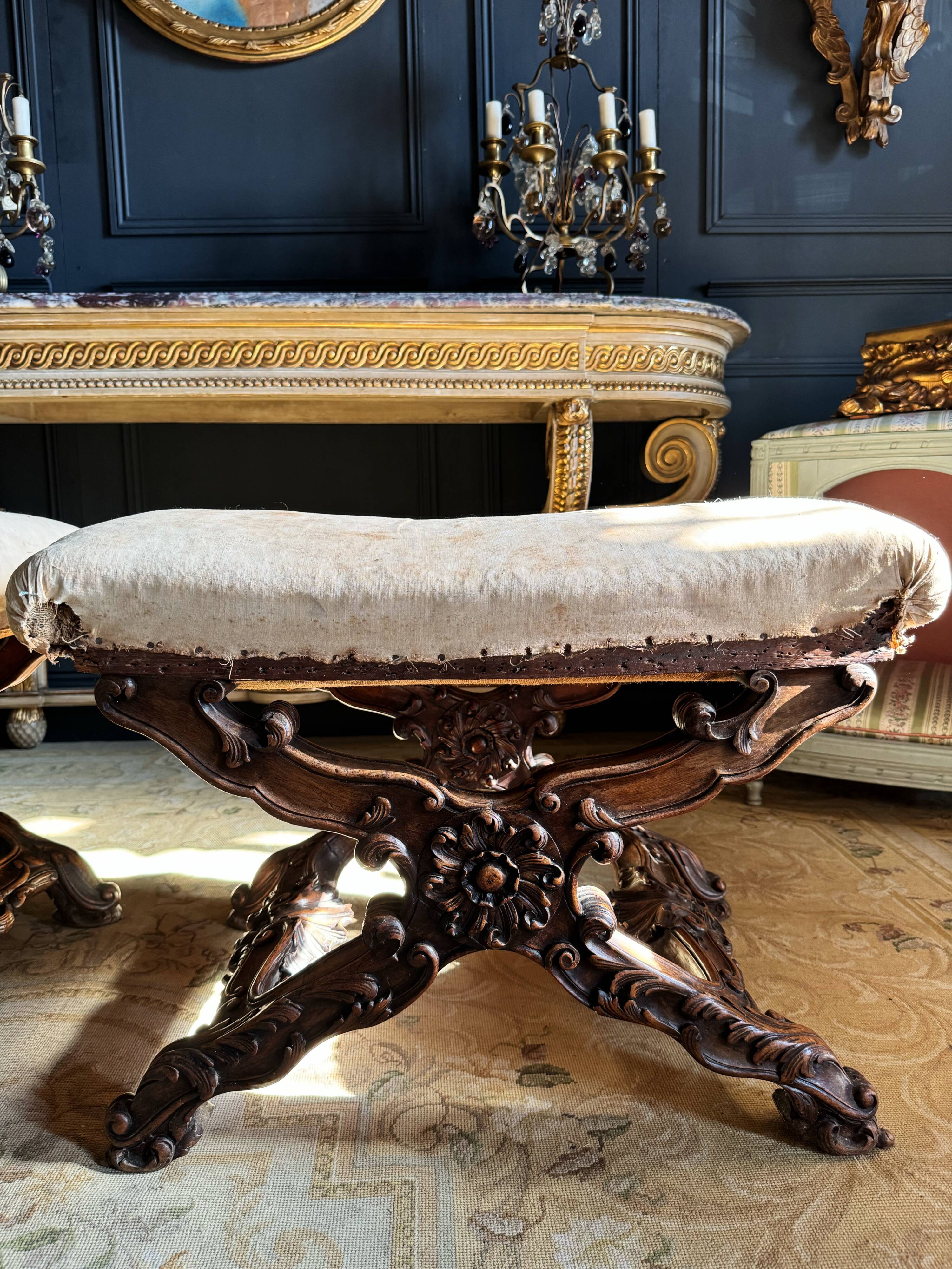 Pair of late 19th century Louis XV style carved wood curules