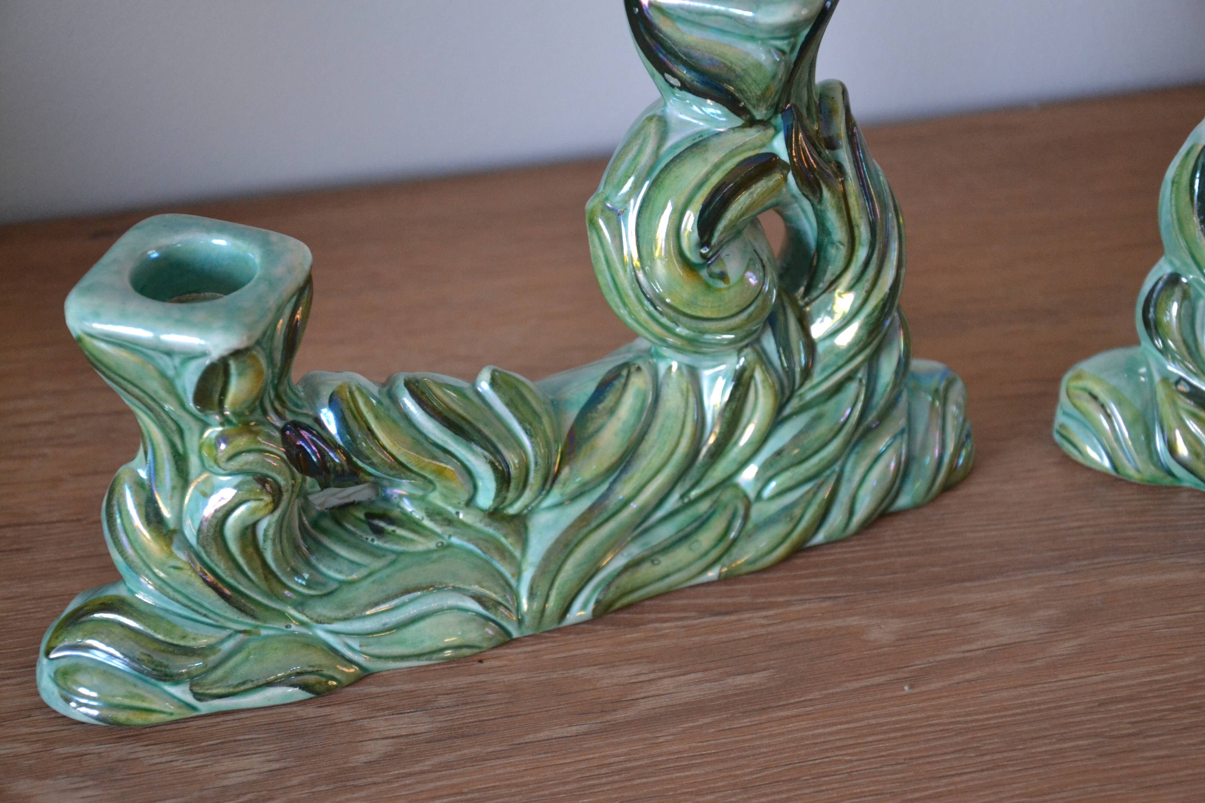 Pair of iridescent green ceramic Art Deco candlesticks