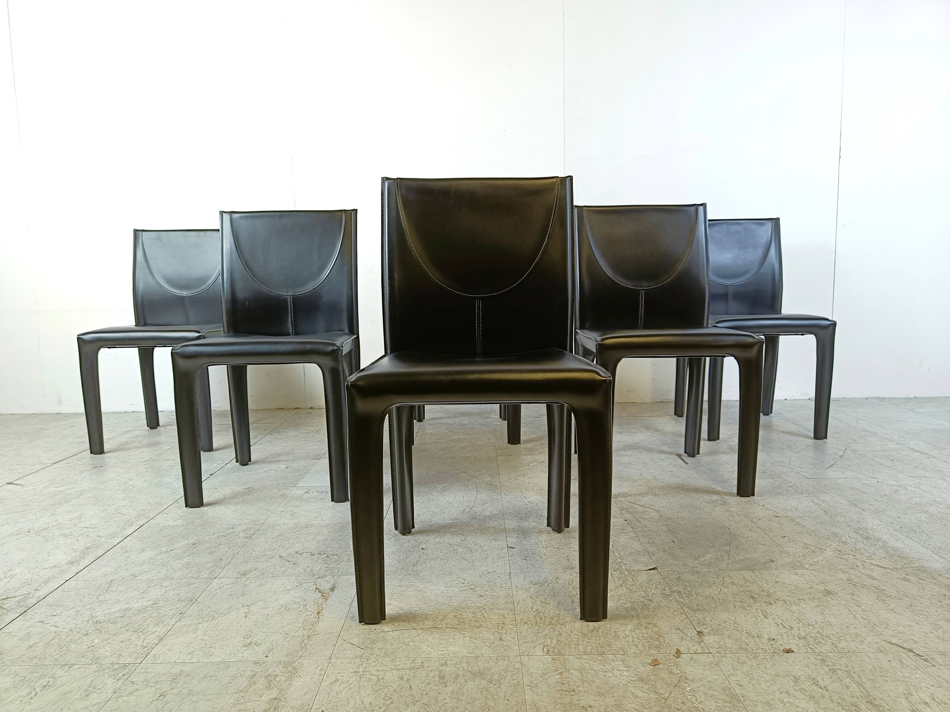 Black leather dining chairs by Arper italy, 1980s - set of 6