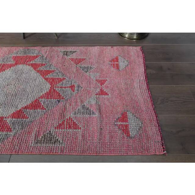 1970s Vintage Turkish Oushak Handmade Wool Cotton Pink Runner Rug 74x275