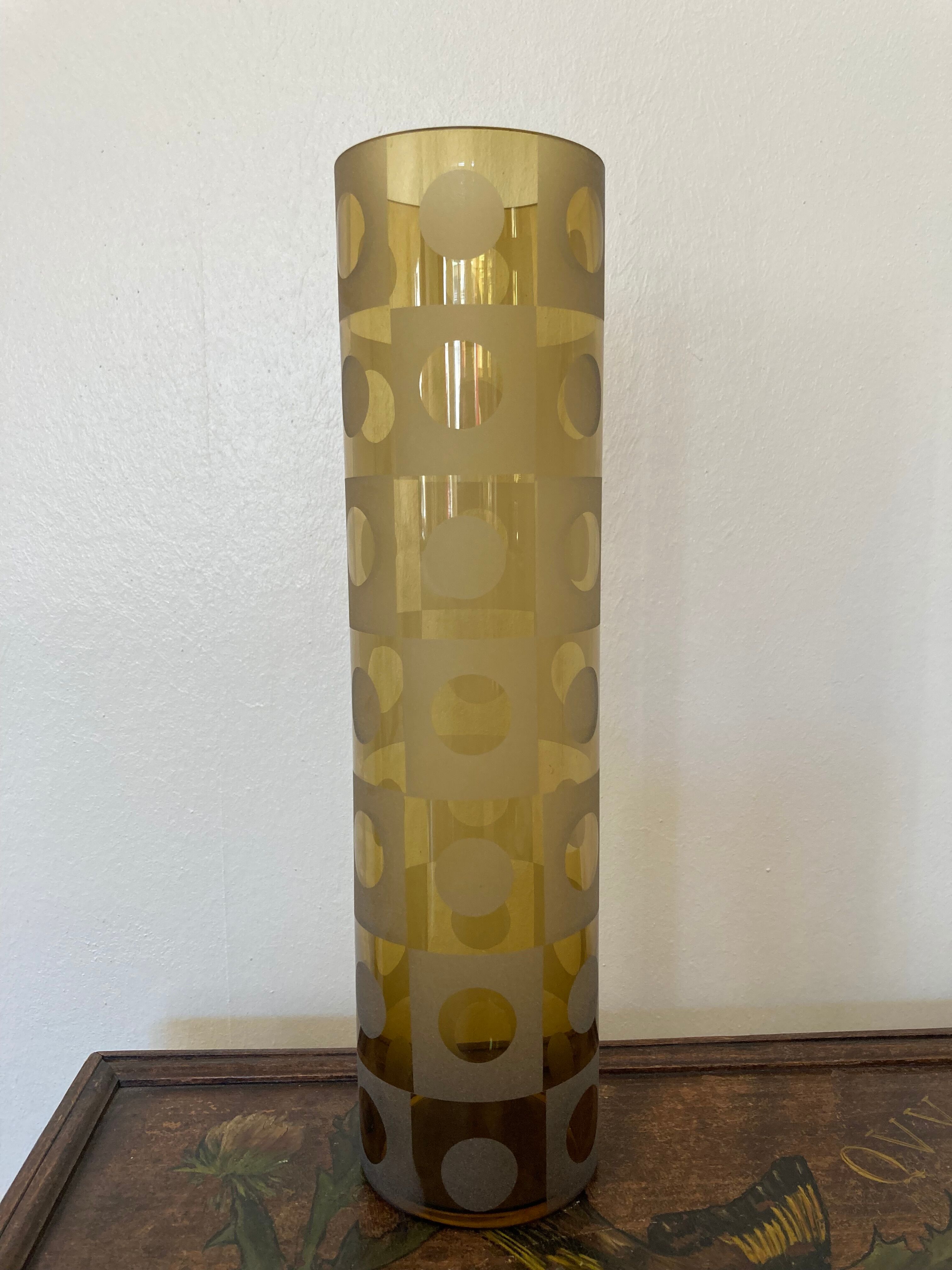 Amber yellow glass vase frosted geometric pattern