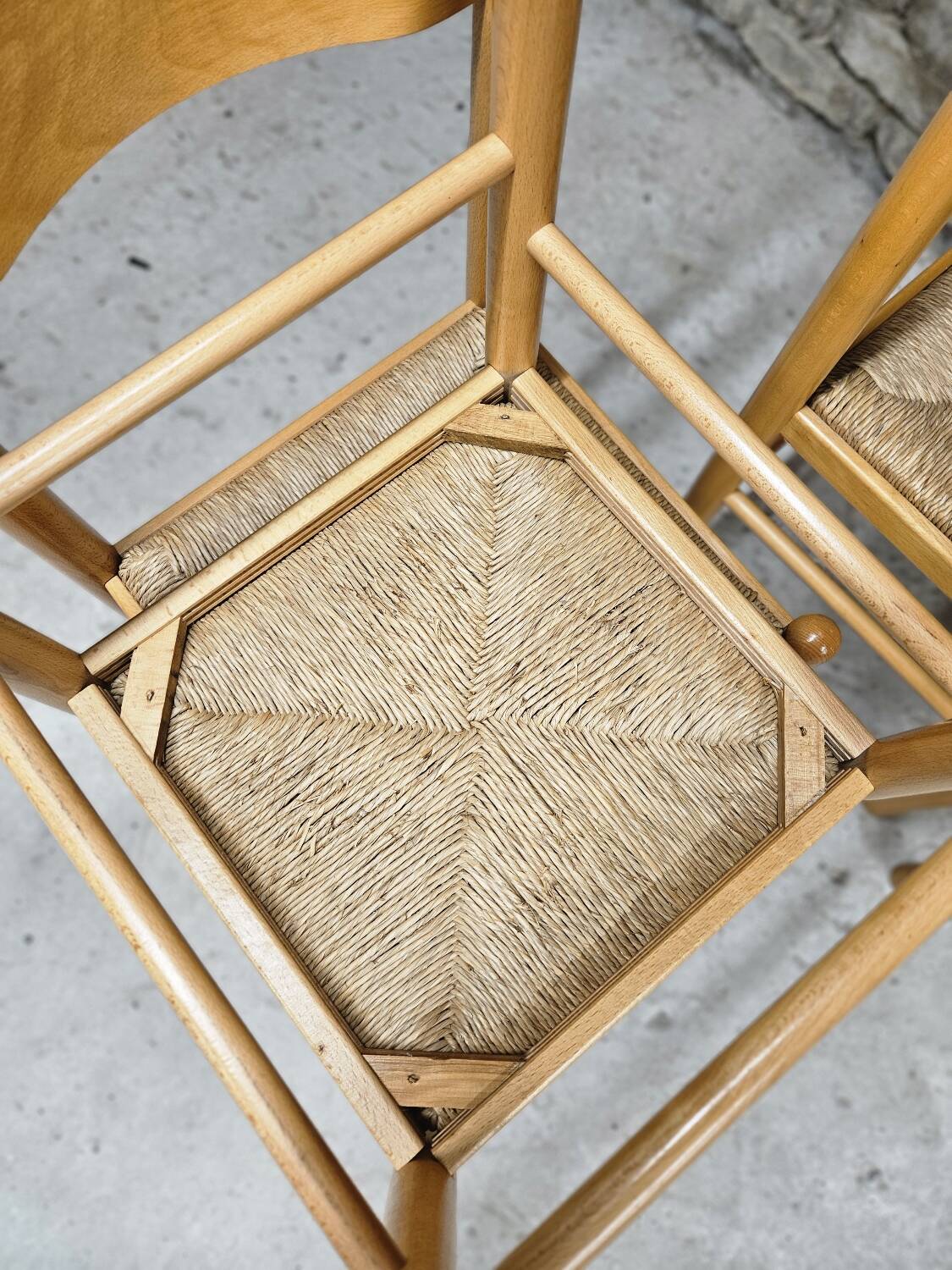 Set of 4 vintage pine and rush chairs