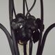 French Art Nouveau Leaf Detail Iron 3 Light Chandelier Amber Glass Shades