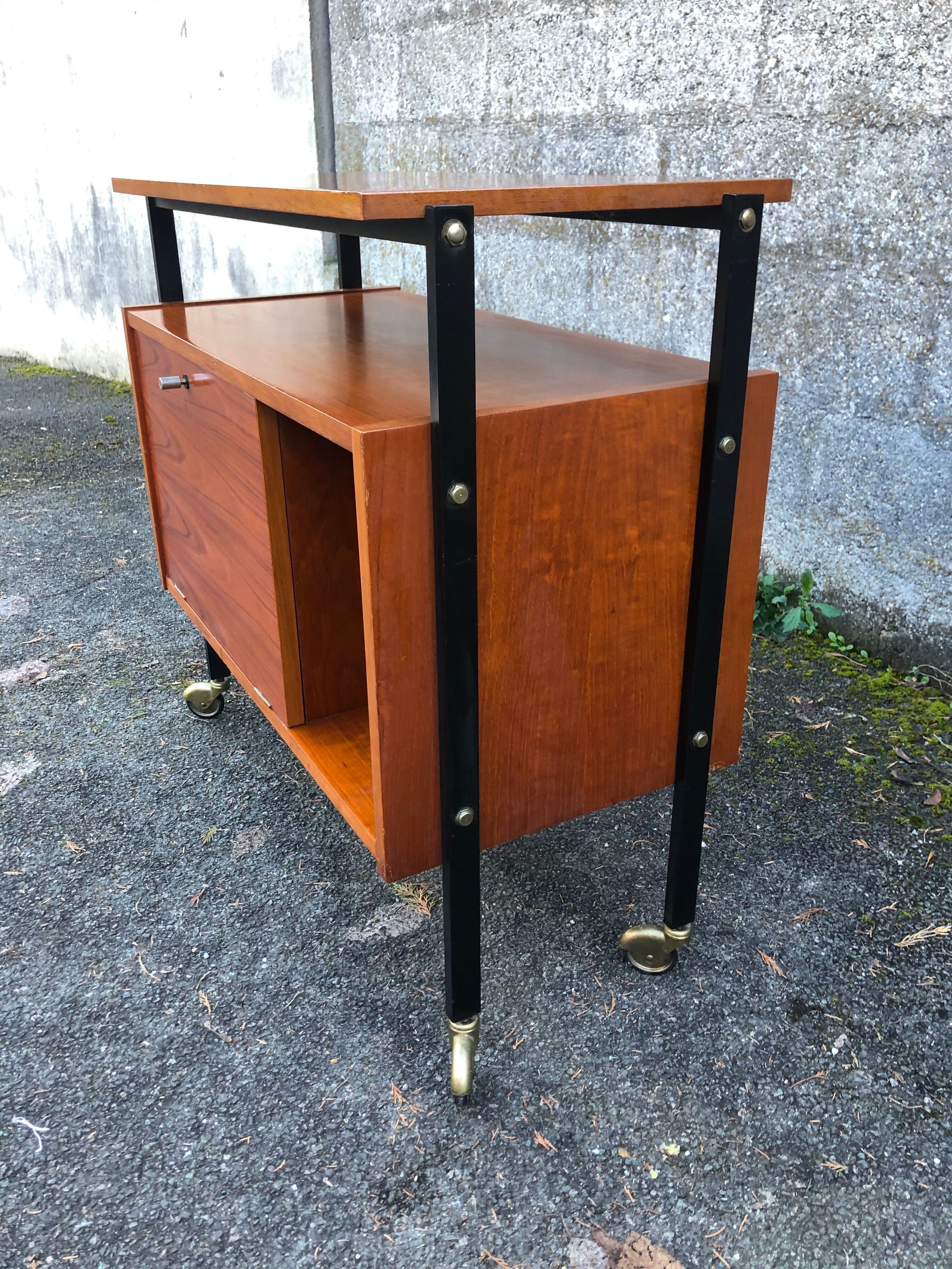 1960 wheeled furniture wood and black metal