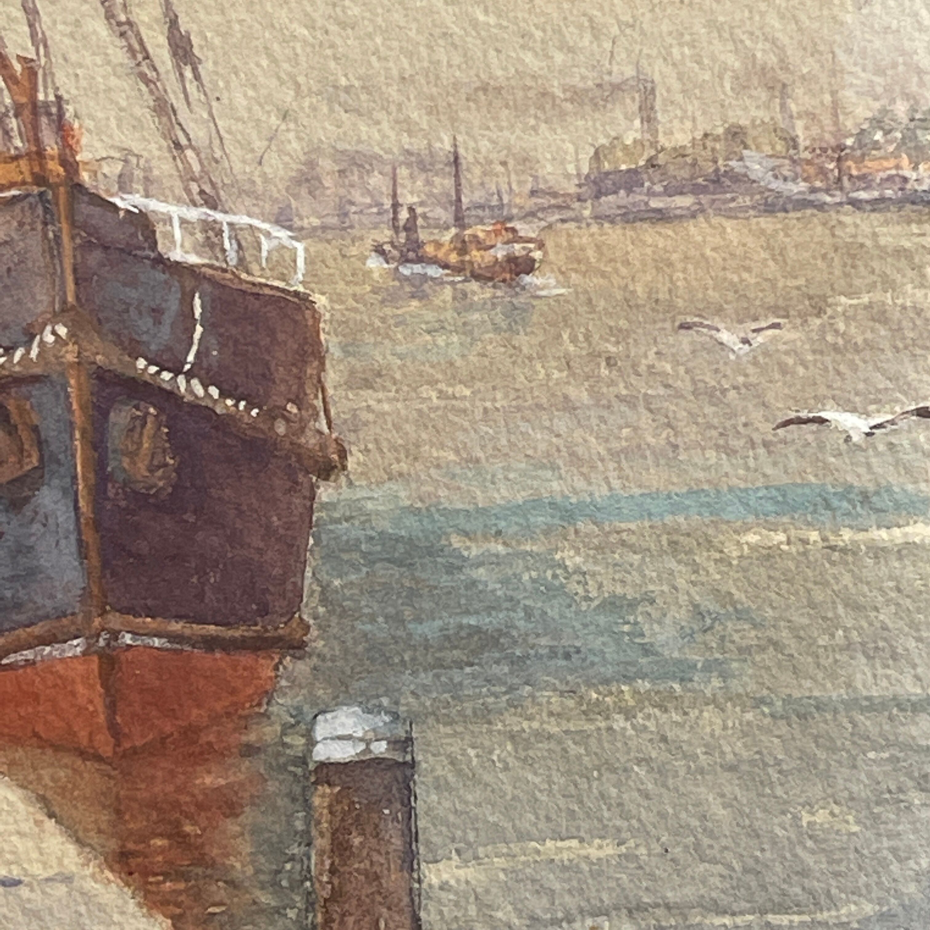 "Quai à Bruxelles" by Emile Lhernault, Tableau Aquarelle Marine, Halage et Chevaux de Trait ca 1910