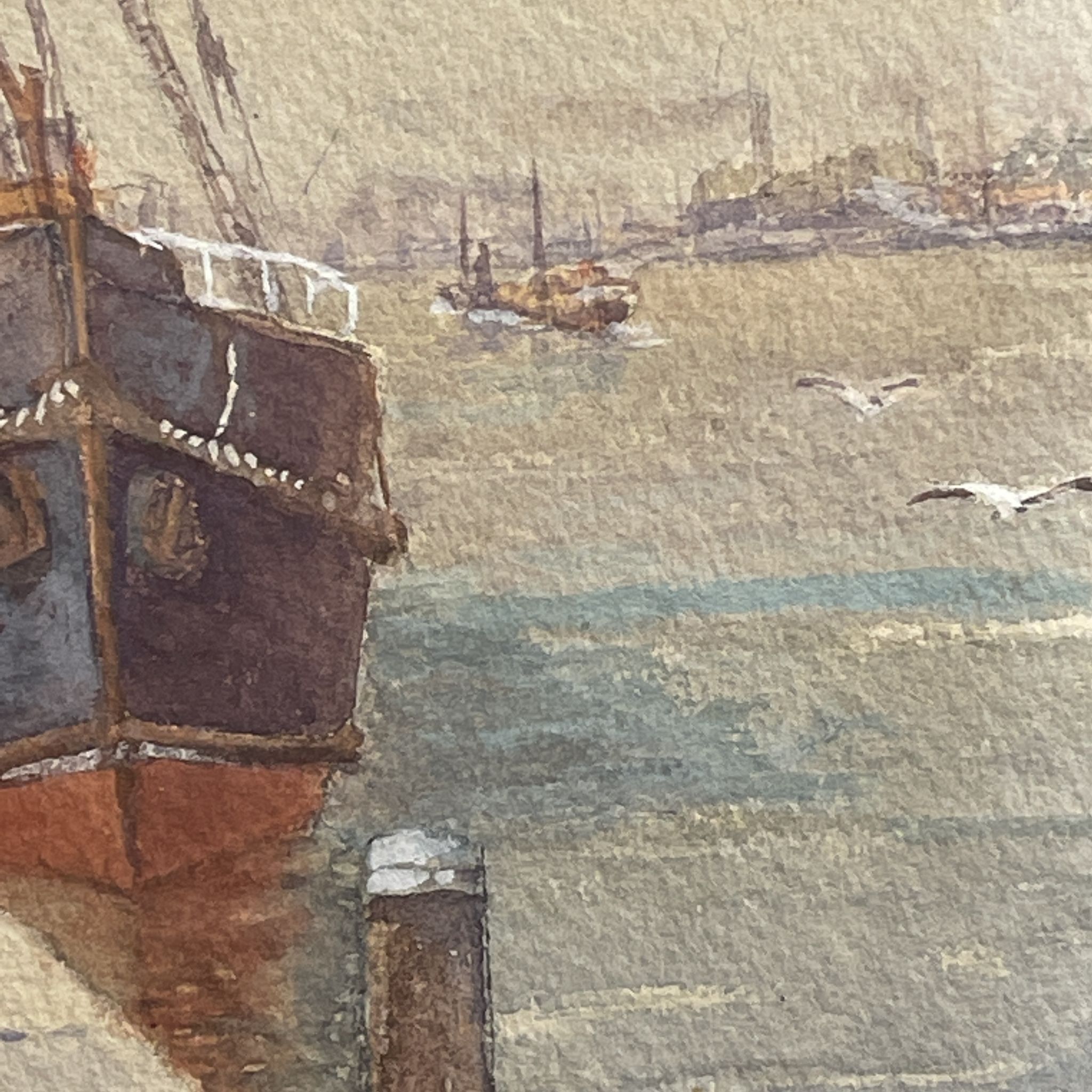 "Quai à Bruxelles" by Emile Lhernault, Tableau Aquarelle Marine, Halage et Chevaux de Trait ca 1910
