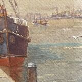 "Quai à Bruxelles" by Emile Lhernault, Tableau Aquarelle Marine, Halage et Chevaux de Trait ca 1910