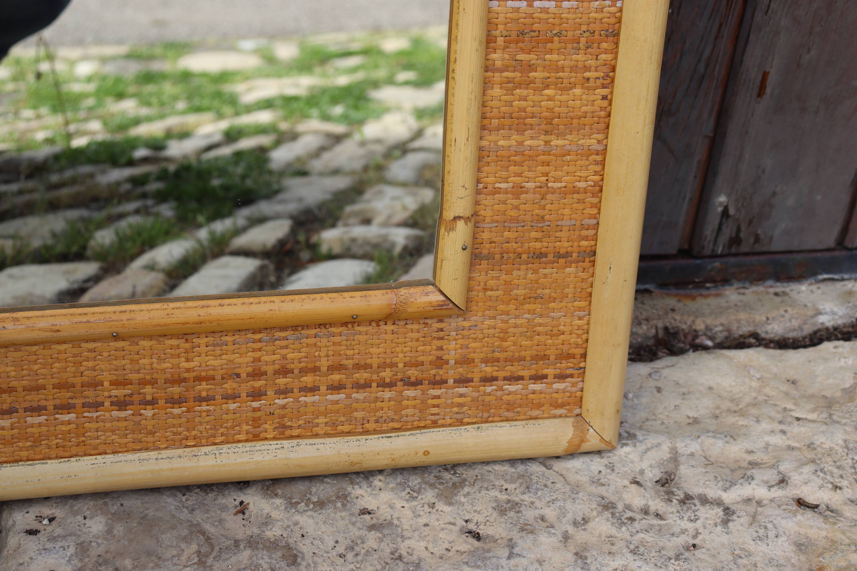 Large bamboo rattan mirror by Dal Vera Italy 1970