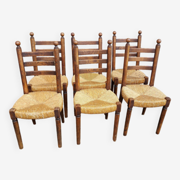Ensemble de 6 chaises en bois paillées