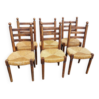 Ensemble de 6 chaises en bois paillées