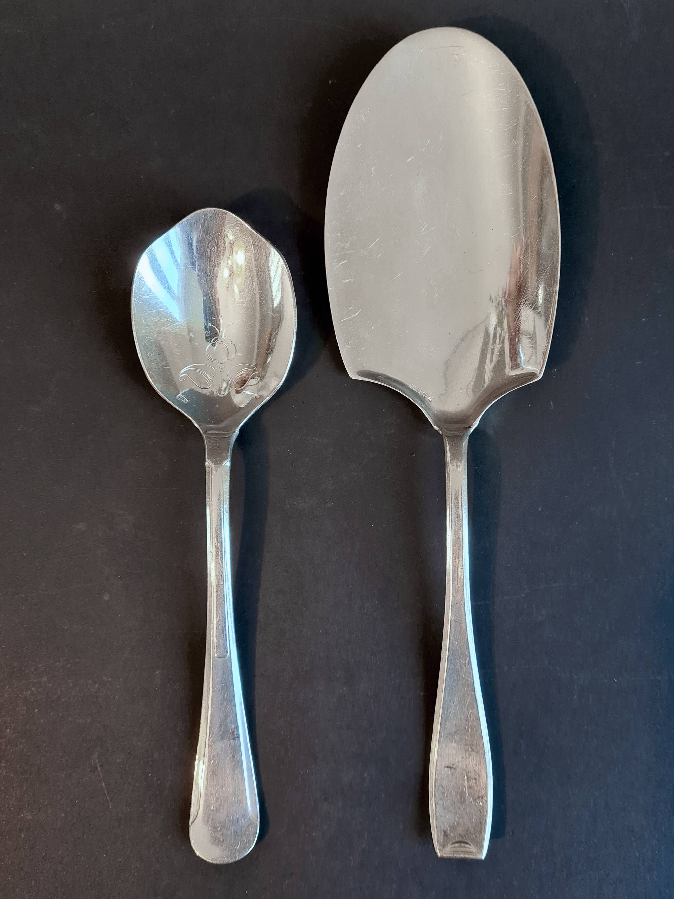 Silver-plated metal serving spoon and French fry shovel signed "Wiskmann"