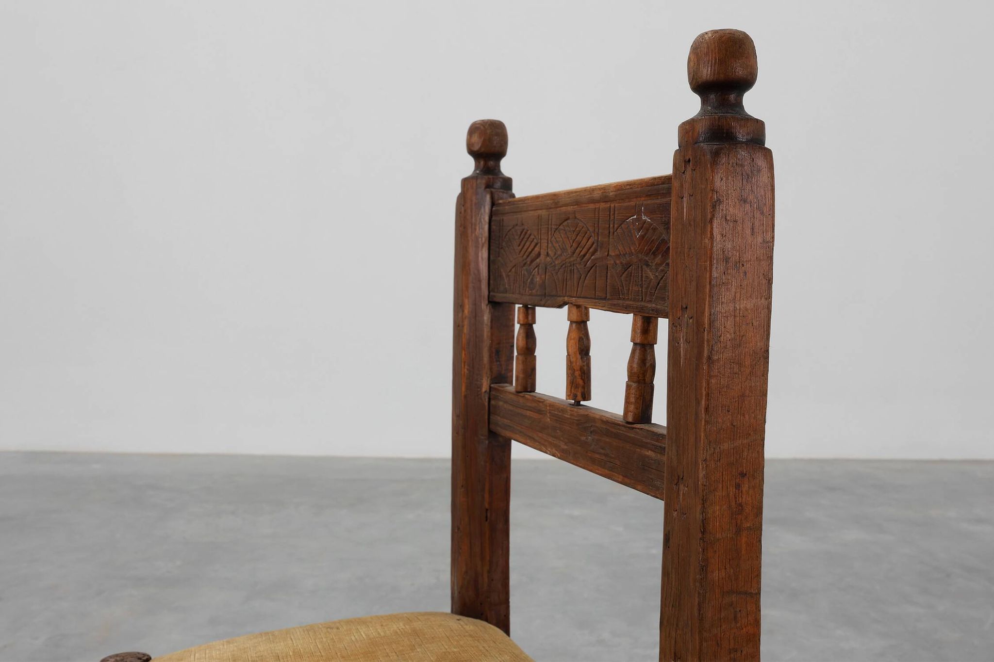 19th Century Spanish Hand-Carved oak Side Chair with Velour Seat