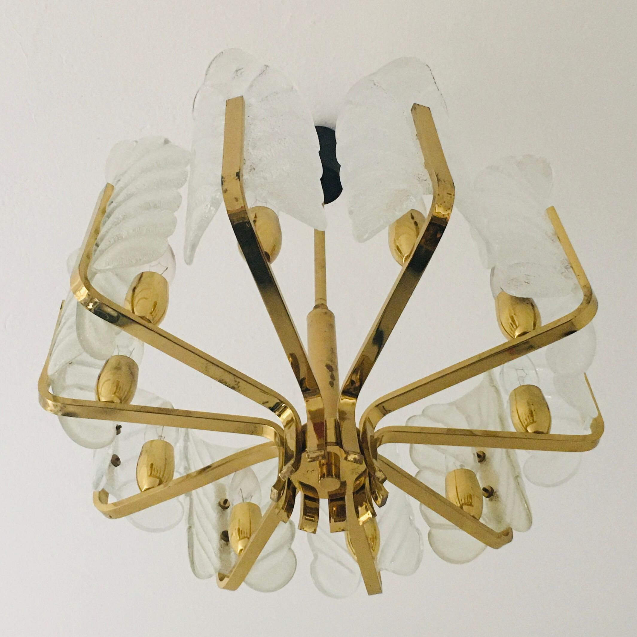 Scandinavian Brass Chandelier with 10 Glass Leaves by Carl Fagerlund for Orrefors, Sweden, 1960s