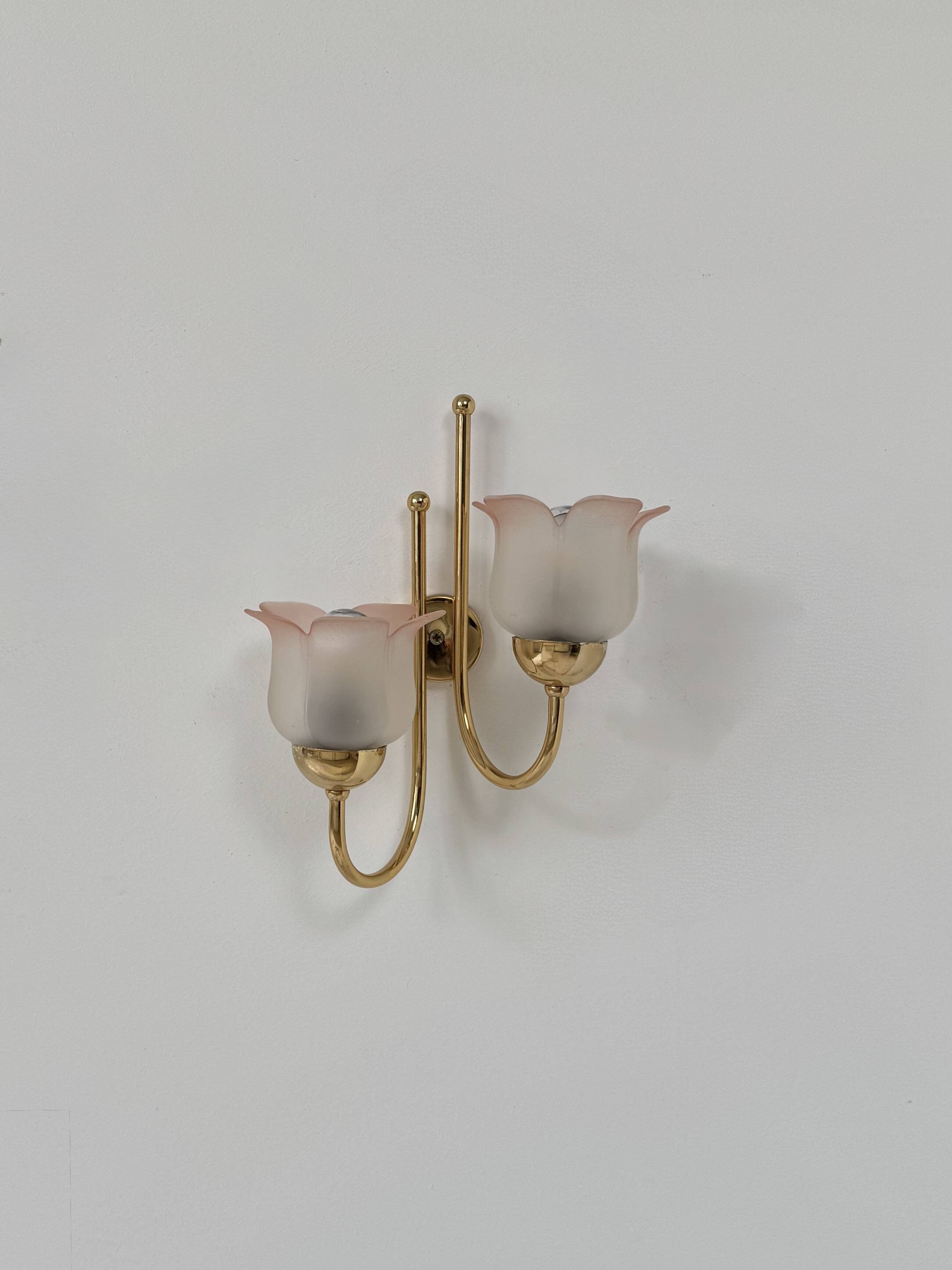 Vintage wall light, brass and frosted pink moulded glass, France, 1980.