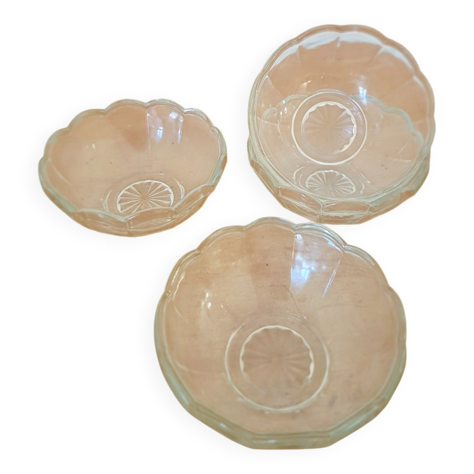 Set of 12 vintage scalloped glass dessert bowls.