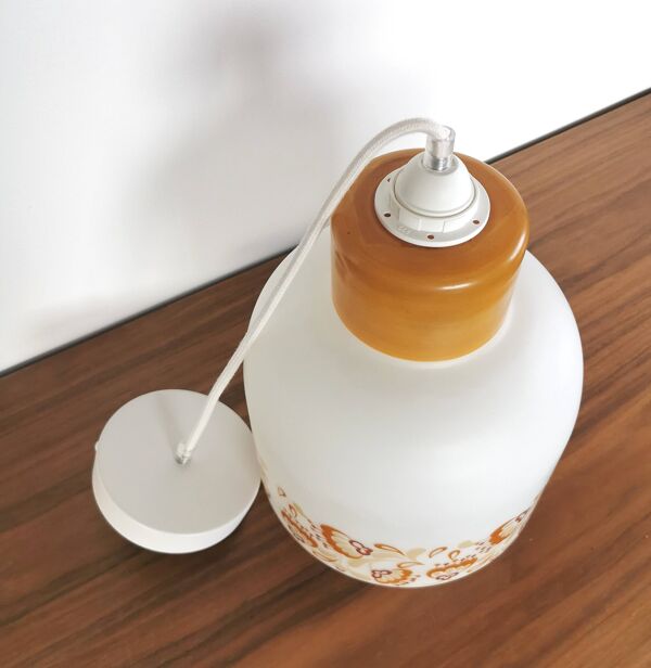 Lampe suspension vintage années 70 opaline ''Blanc orangé