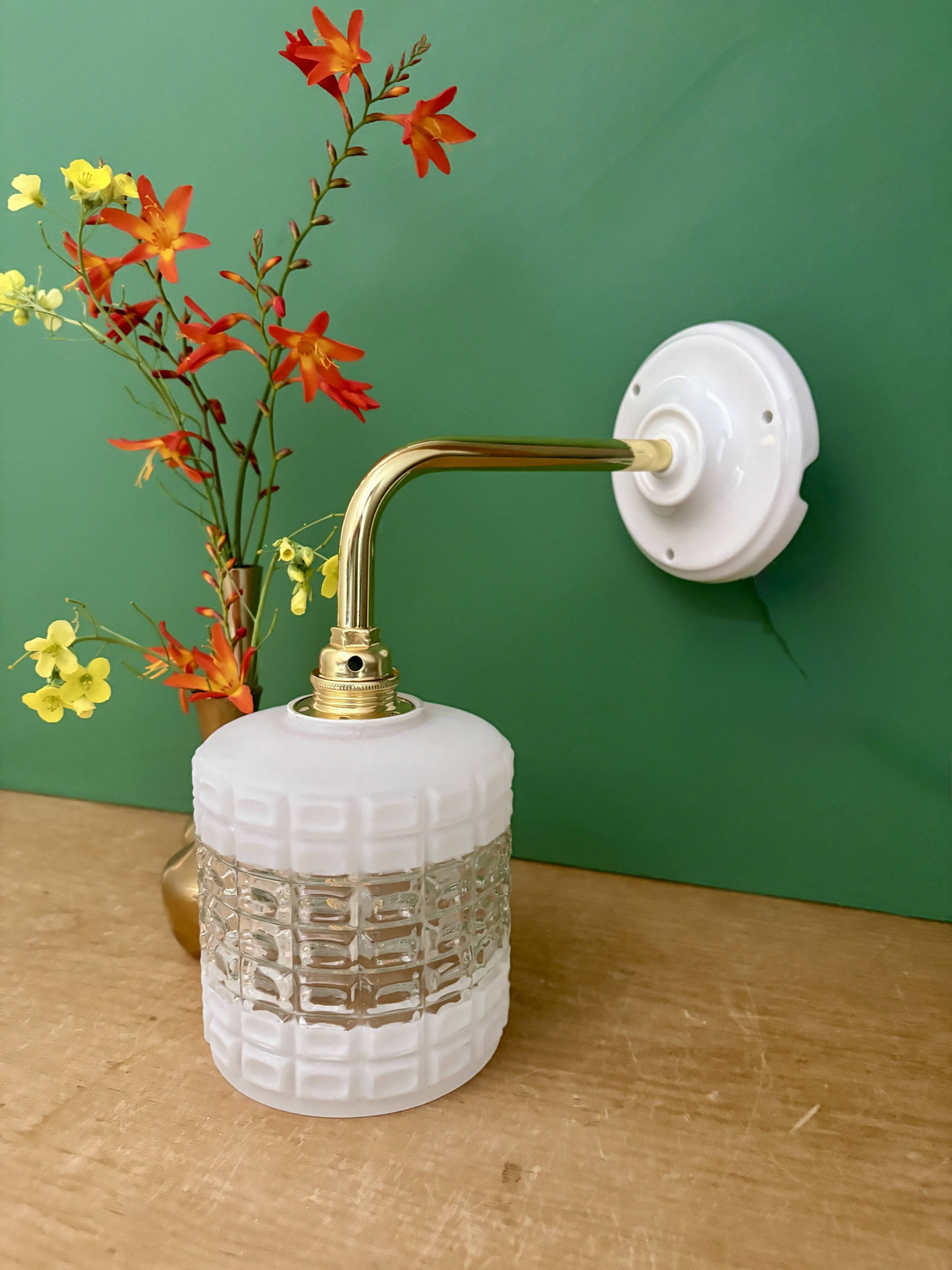 Vintage globe angled wall light in white and clear glass