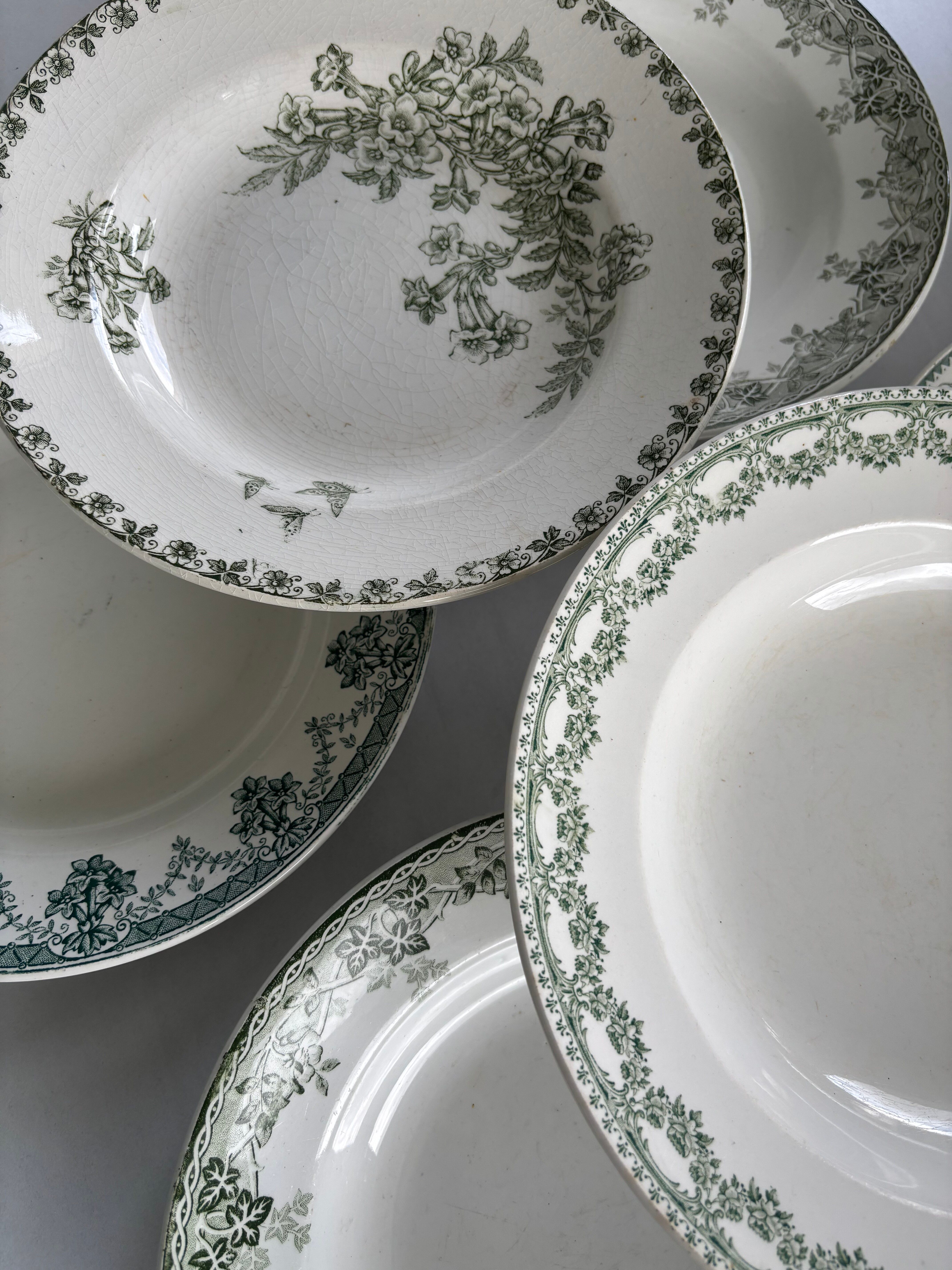 Set of 6 blue and green ironstone deep plates, French earthenware.