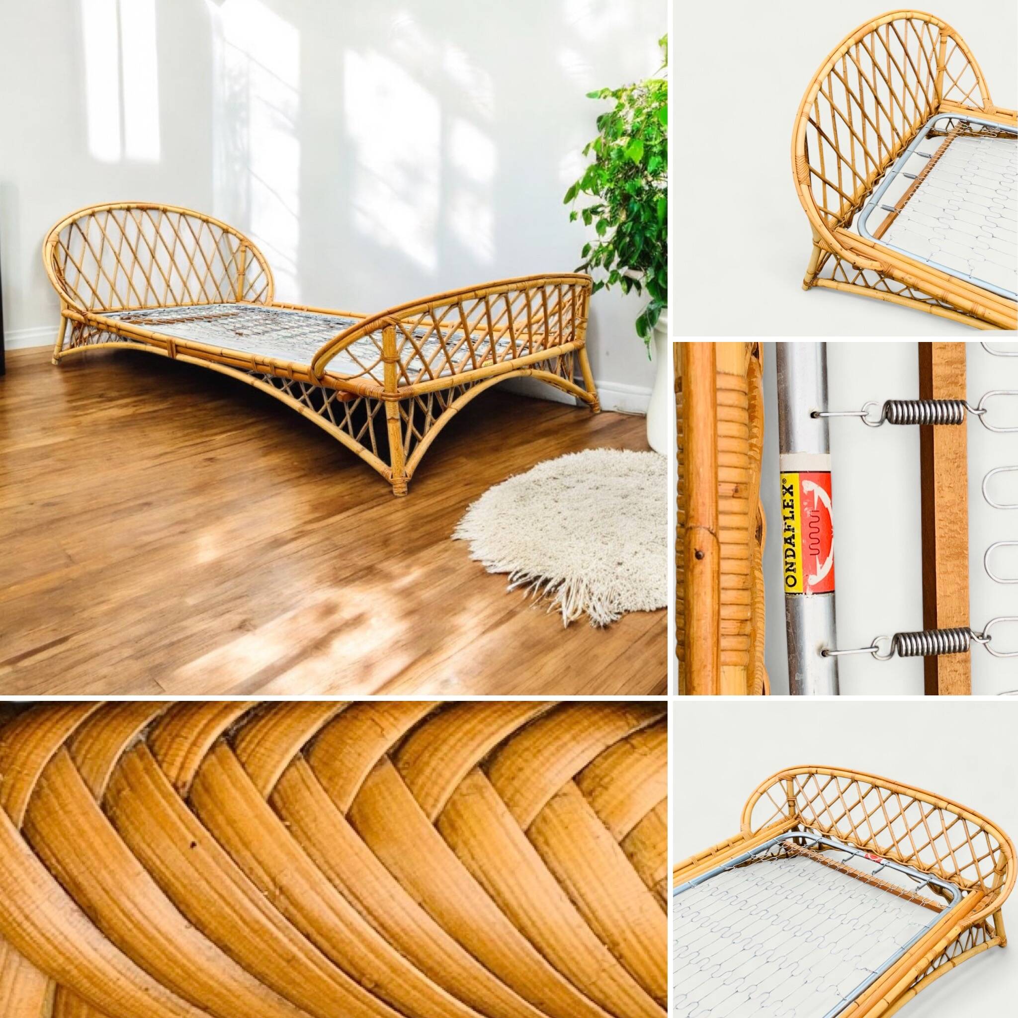 Rattan basket bed 90x190 vintage 1960