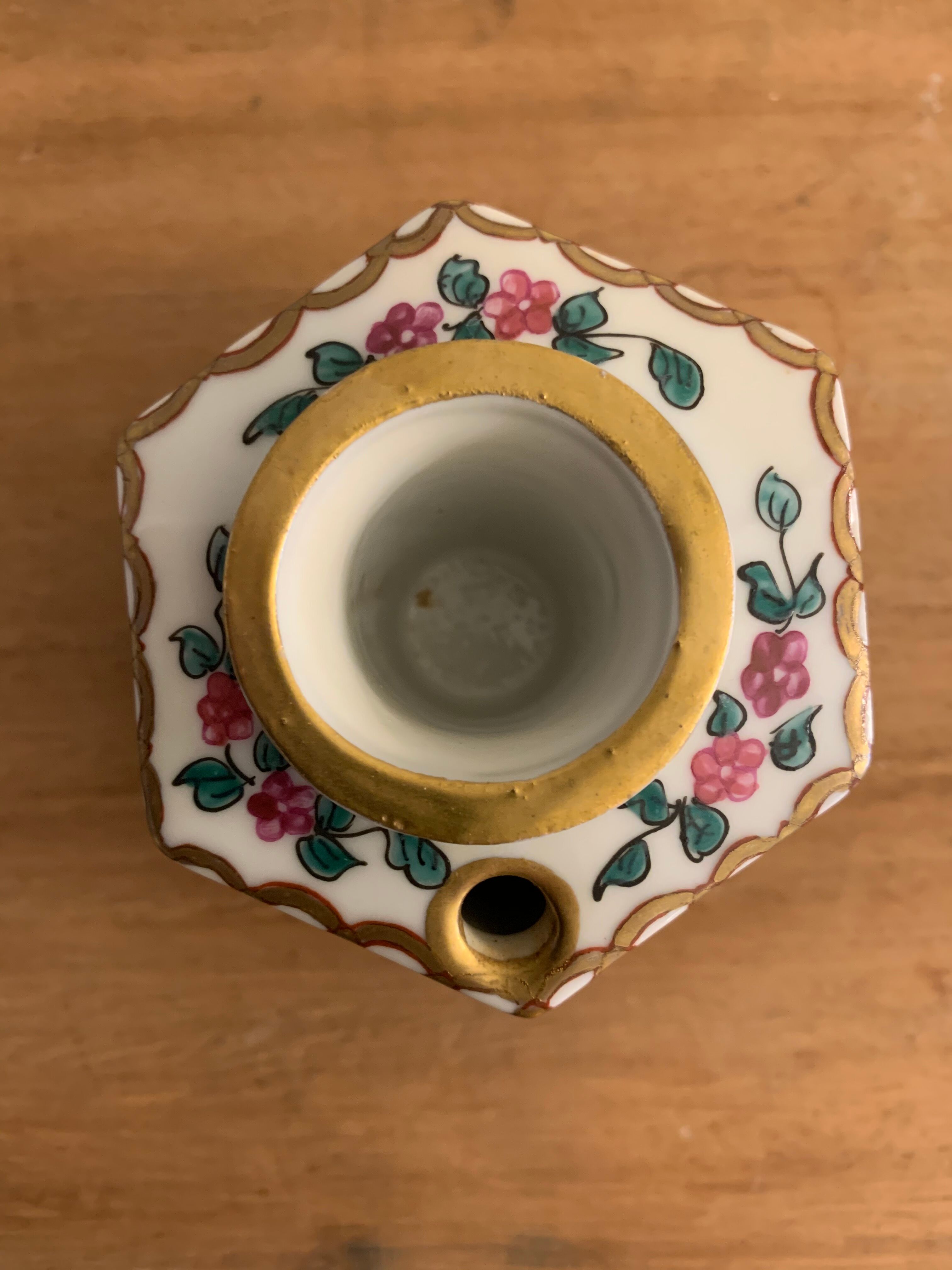 20th century polychrome porcelain inkwell floral decoration