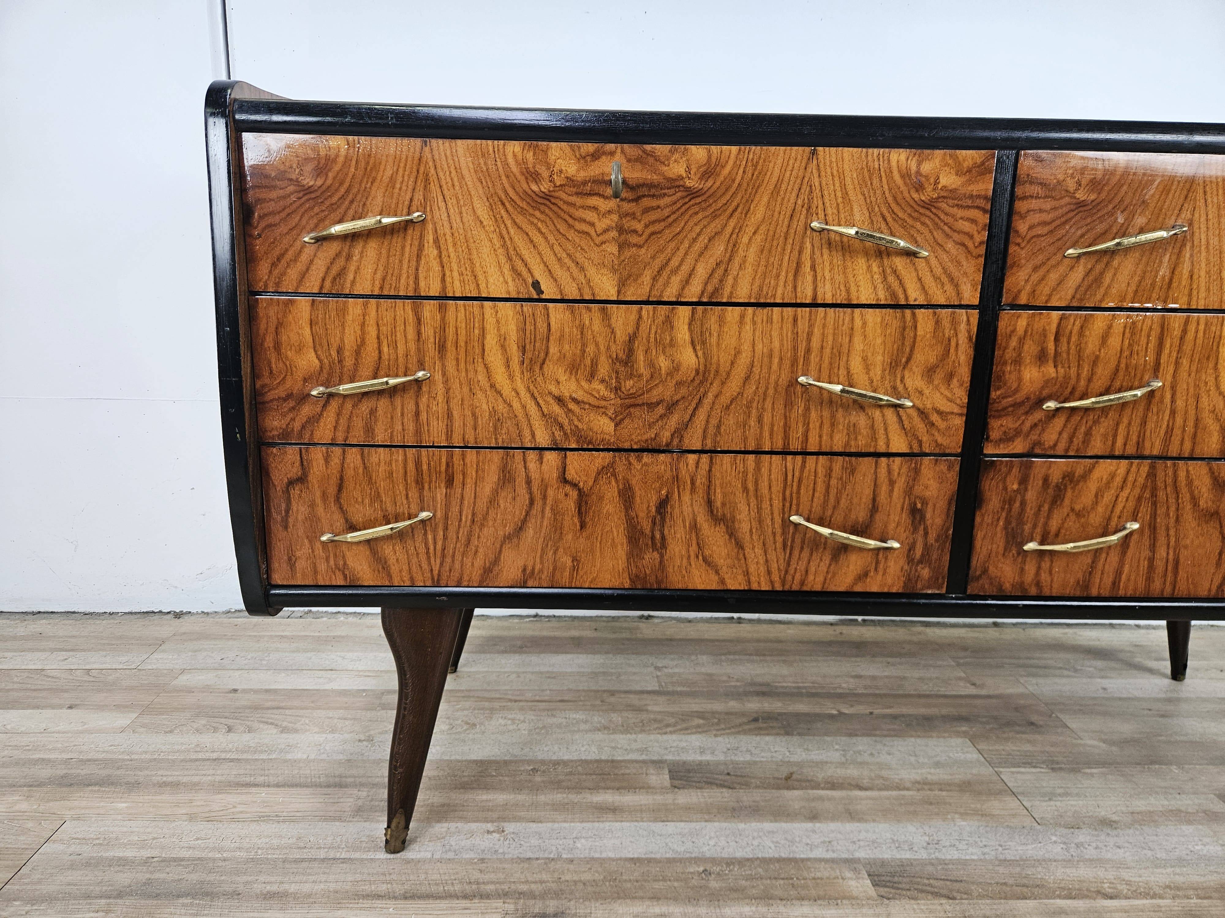 1950s six-drawer chest of drawers with glass top