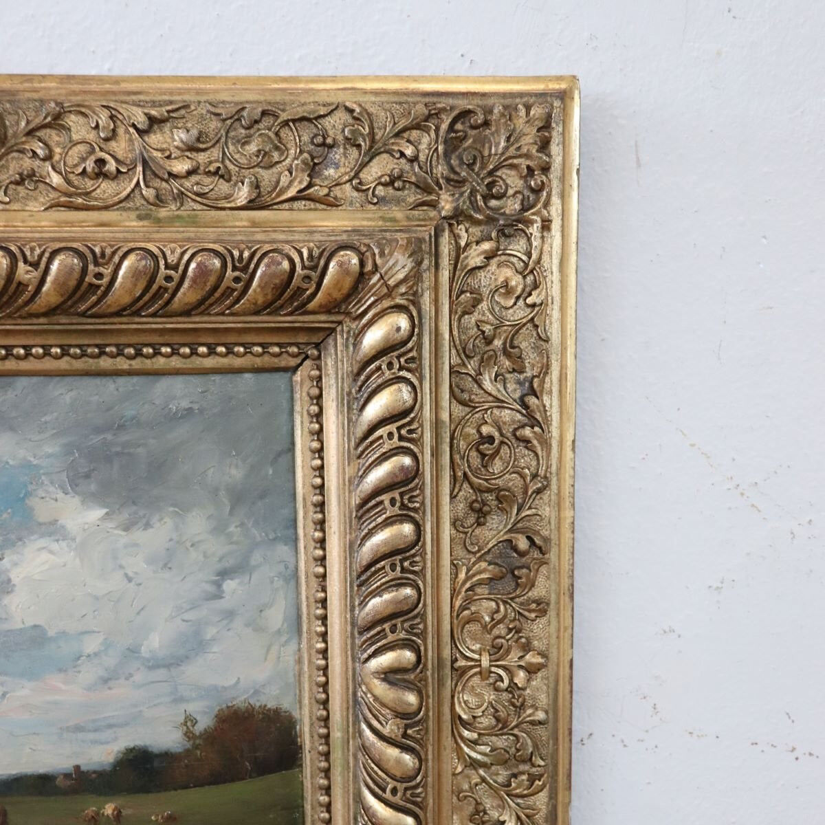Peinture à l'huile sur panneau, paysage avec un troupeau de moutons, signé V. Bussolino, Italie, 19e siècle