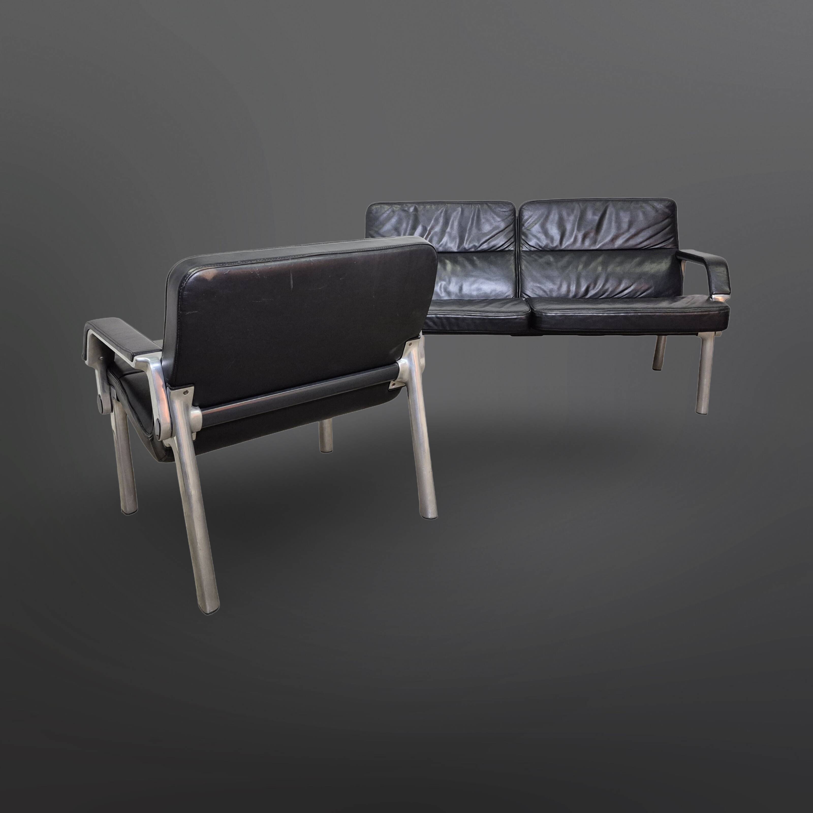 Postmodern black leather seating group, Germany 1980s