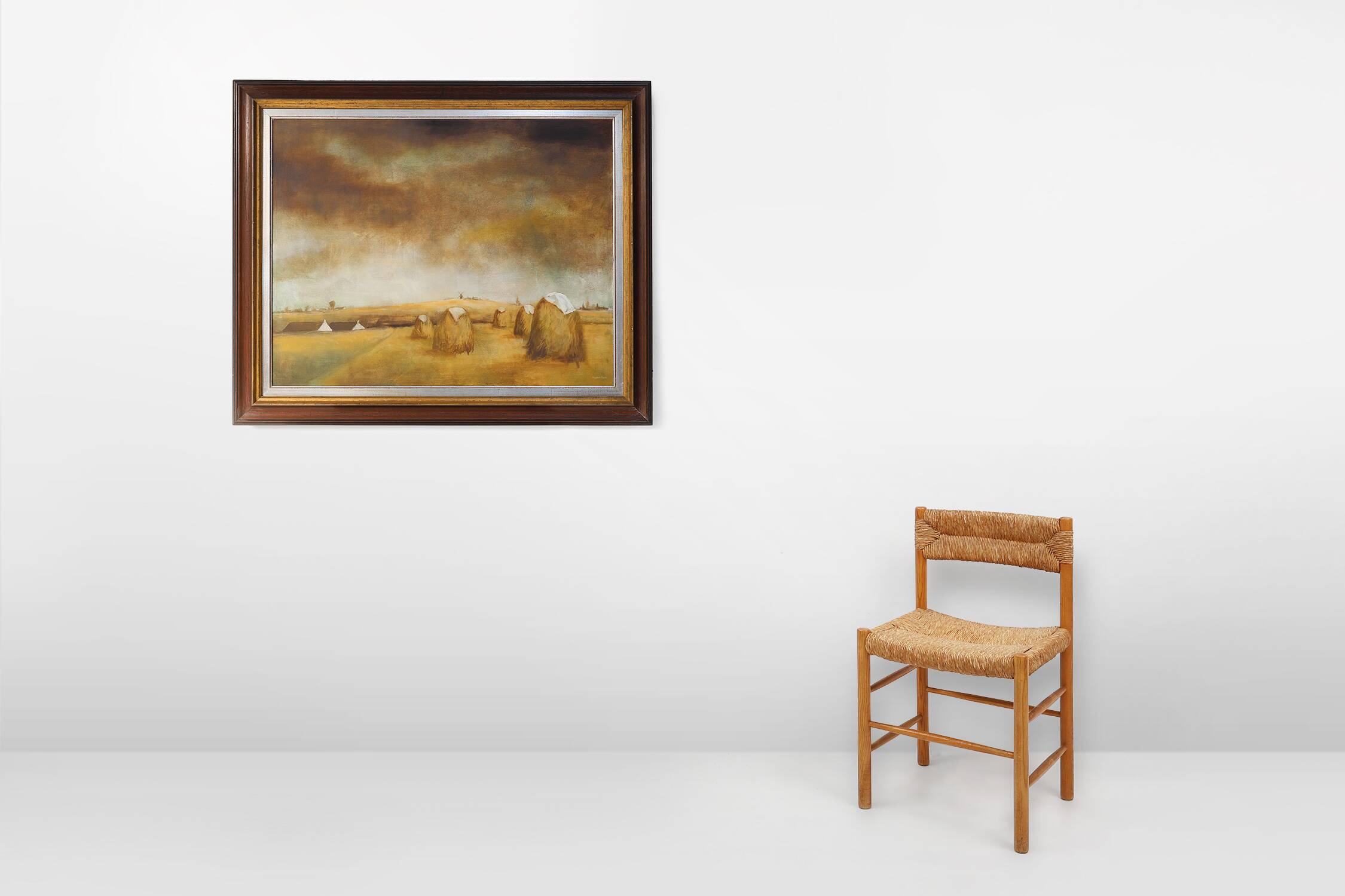 Large signed painting of a hay landscape from the Belgian painter Frank Bog