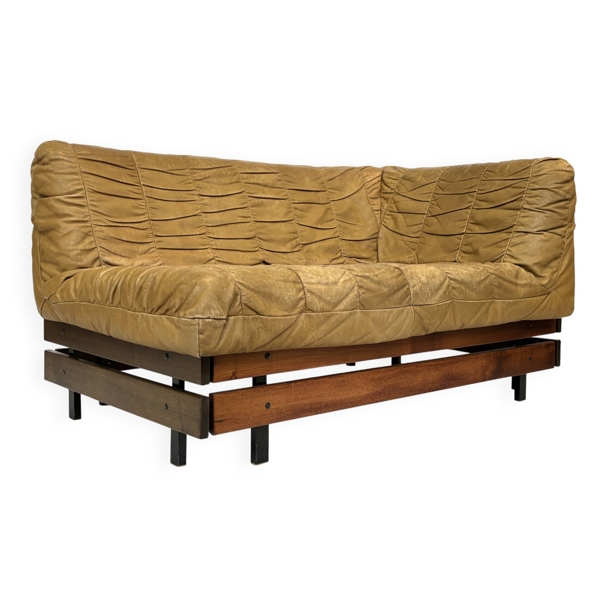 Canapé de salon Mid-Century en cuir cognac petit modèle