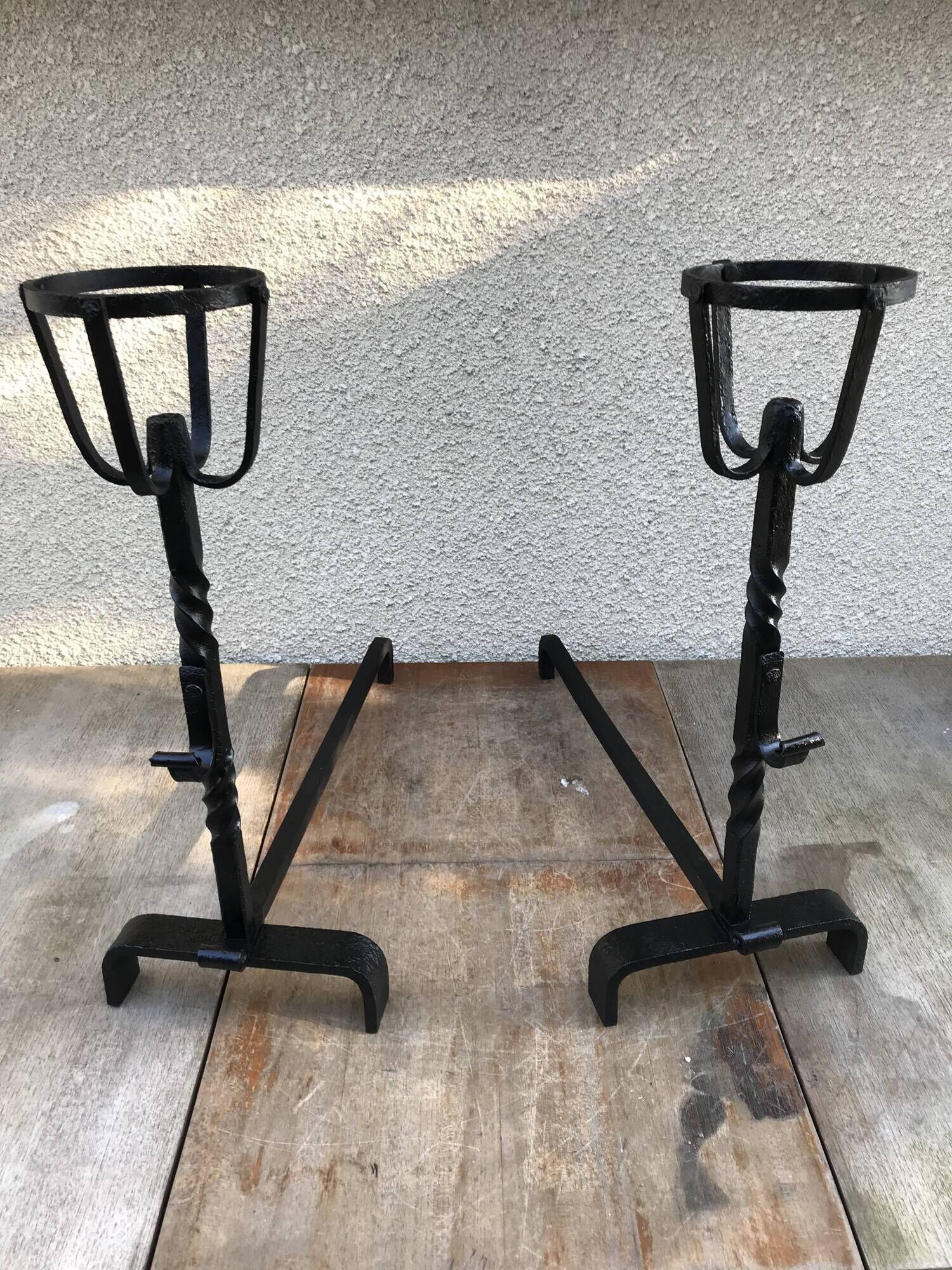 Former pair of landiers iron chimney