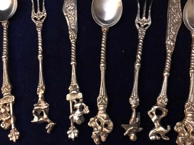Set 11 of old cutlery with silver metal desert