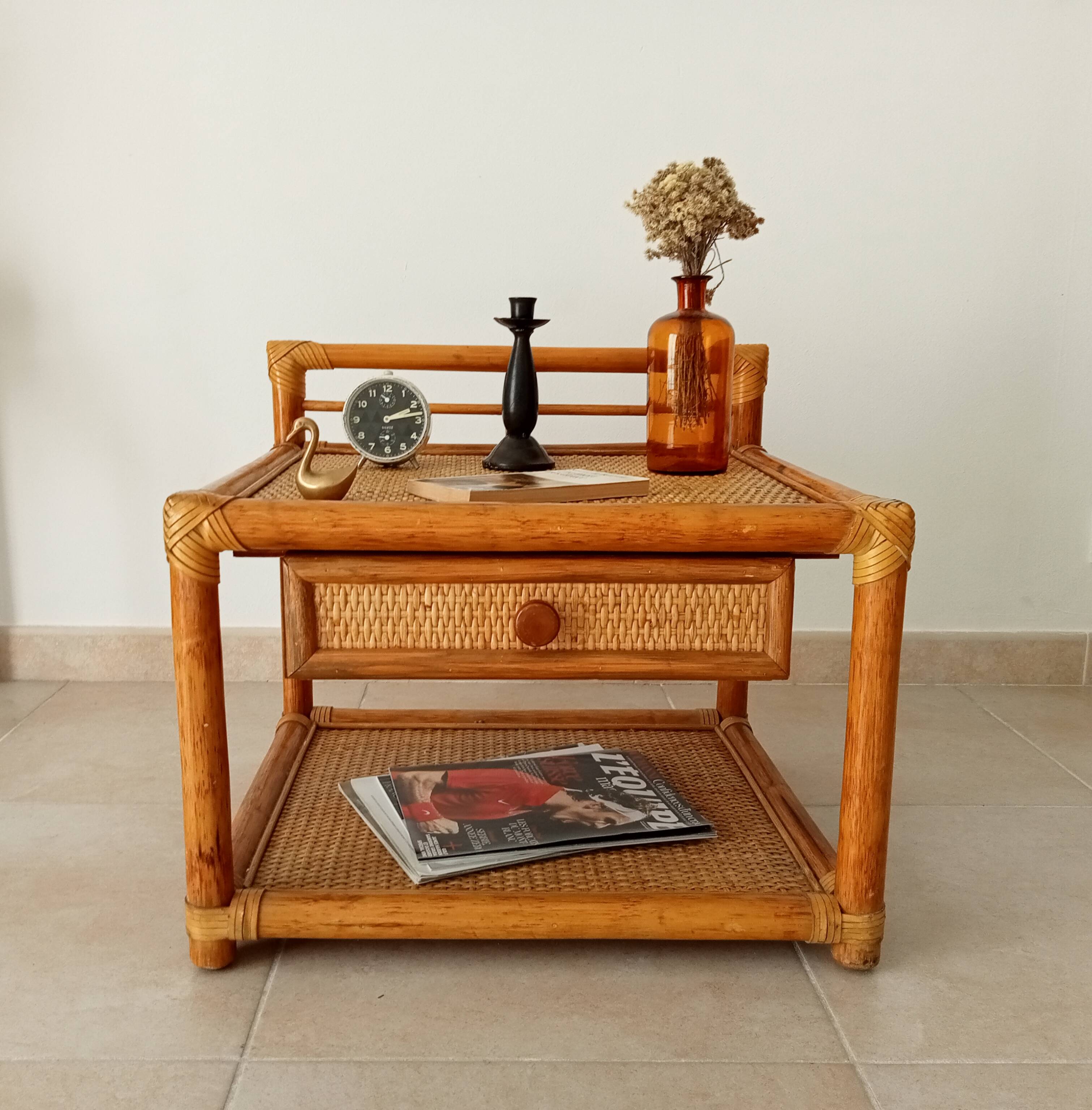 Vintage Maugrion side table in bamboo and rattan