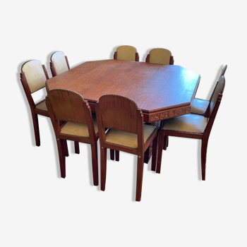 Art Deco table with extension and its 8 chairs