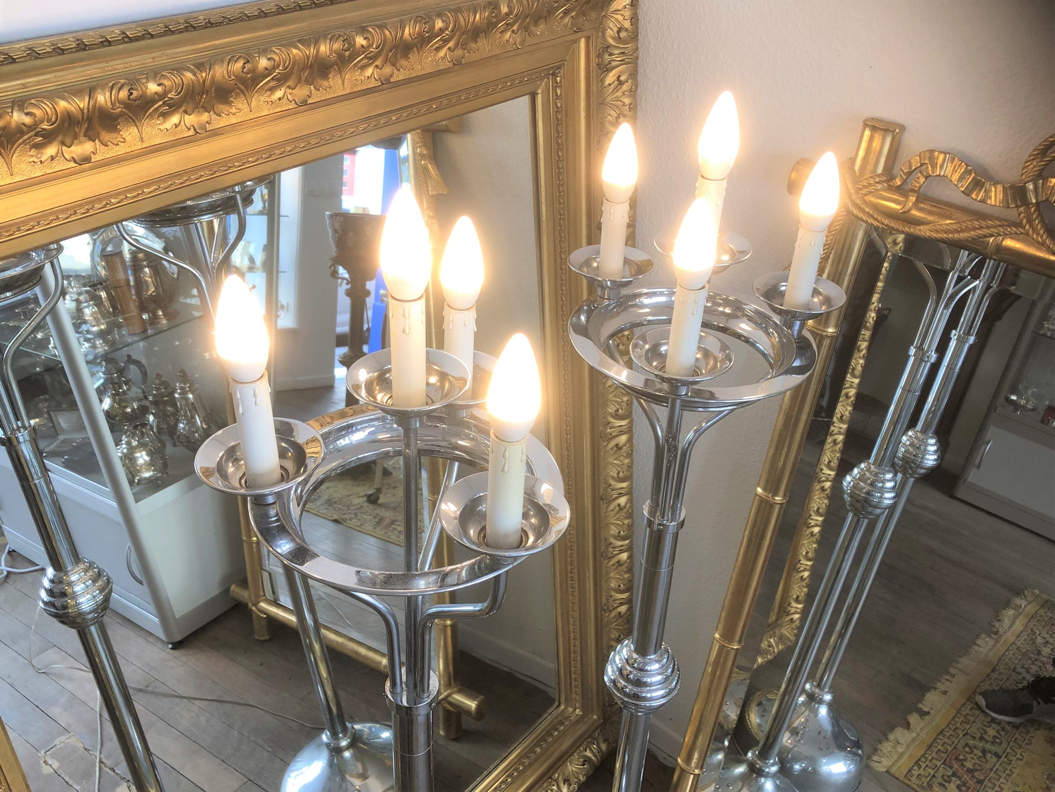 Pair of chrome metal flashlights, circa 1970, 8 lights, 160 cm