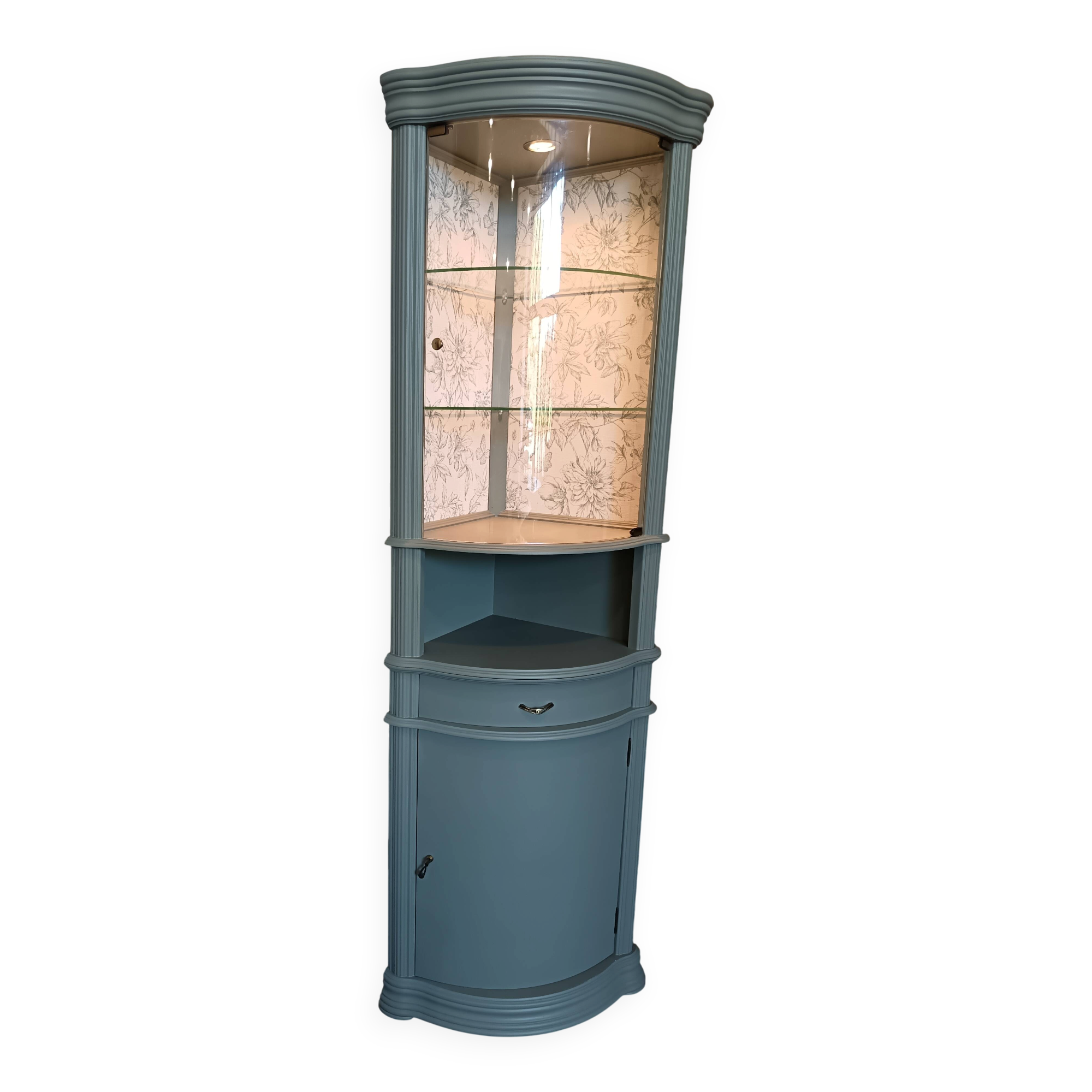 Corner display cabinet in bronze green