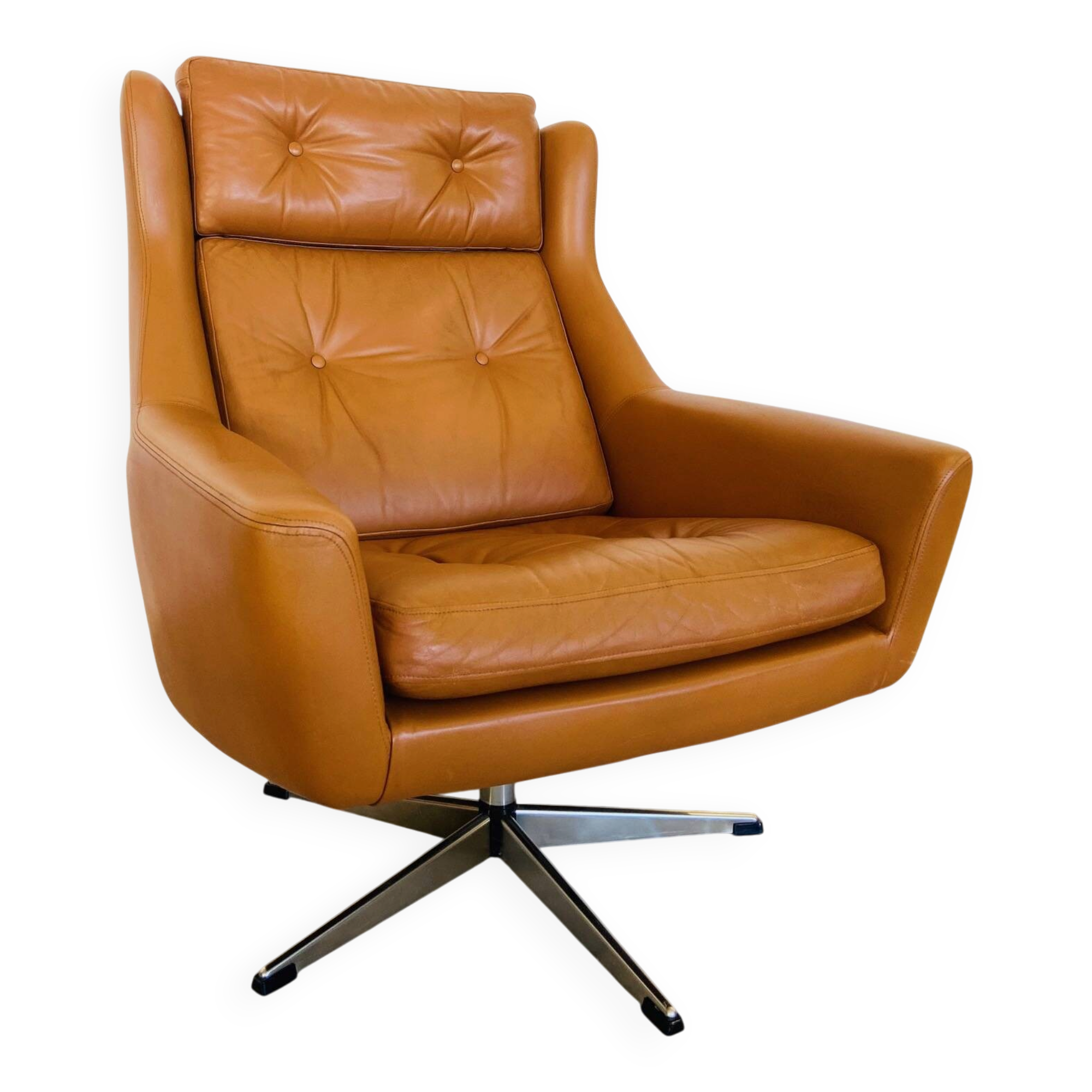 Vintage Danish mid-century cognac leather Werner Langenfeld lounge chair, 1960s