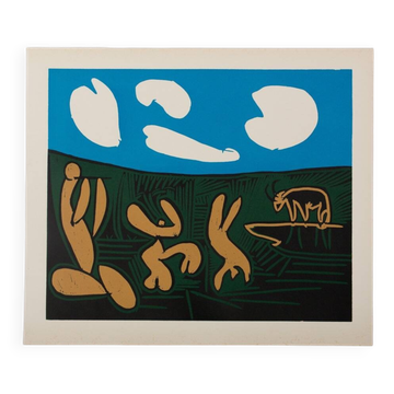 Pablo Picasso : Bacchanale, acrobates et taureau, Linogravure (1962)