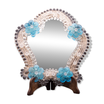 Miroir vénitien vintage classique en verre de Murano bleu à fleurs, années 1970