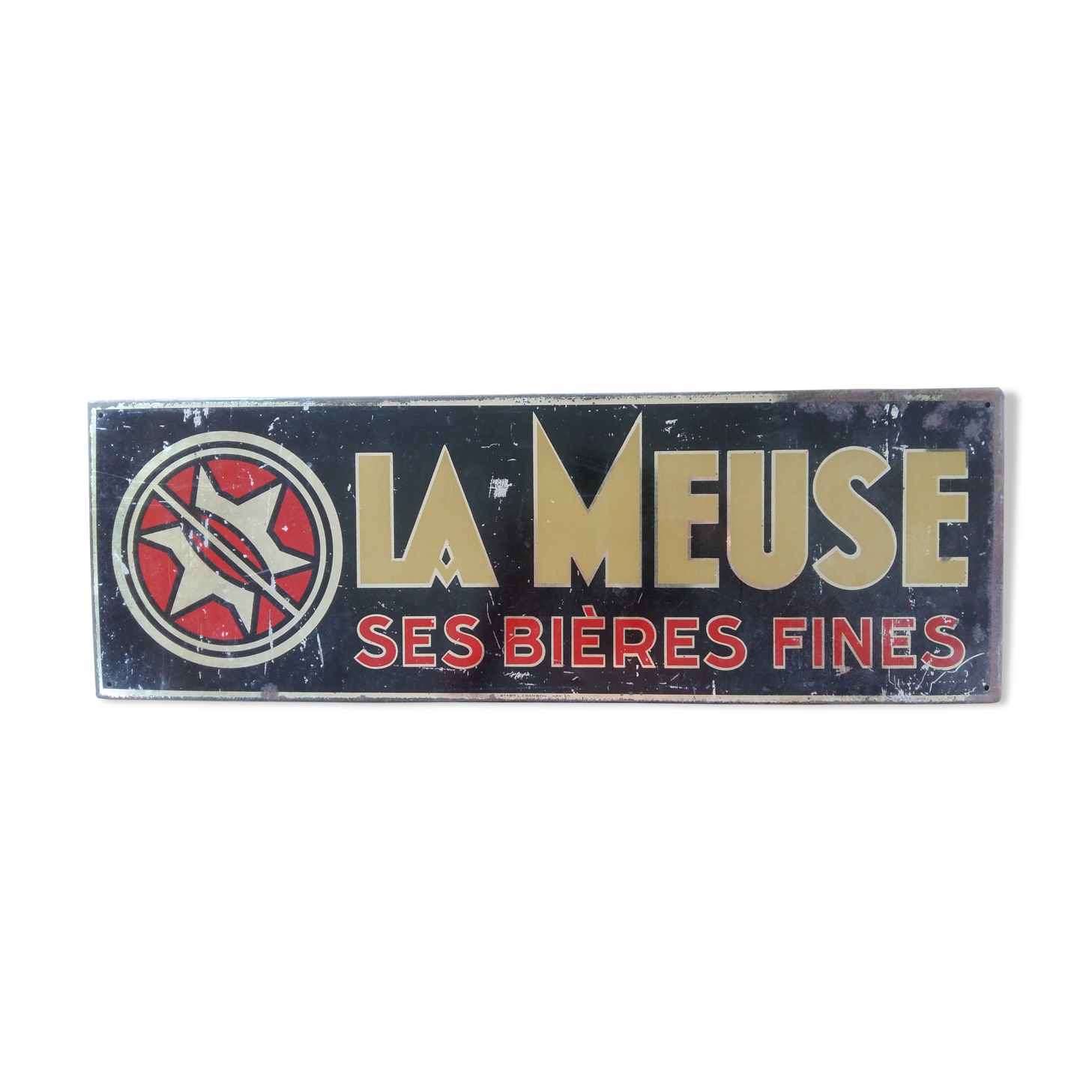 Old plate in sheet metal "La Meuse its fine beers" 16x48cm 50s