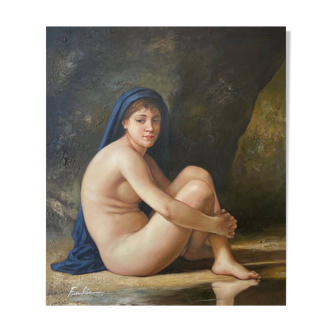 Antique oil painting portrait of a nude female late 20th century